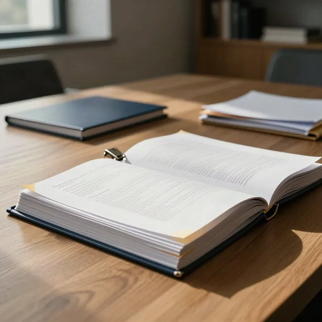Classeur d’audit de business plan ouvert sur table, feuilles cornées, lumière douce en bureau.