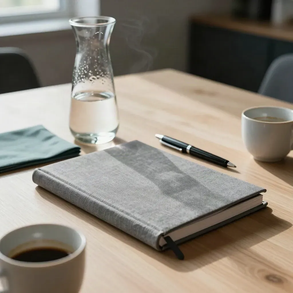 Carnet de réunion fermé, carafe en verre, stylo et deux tasses vides sur une table claire.