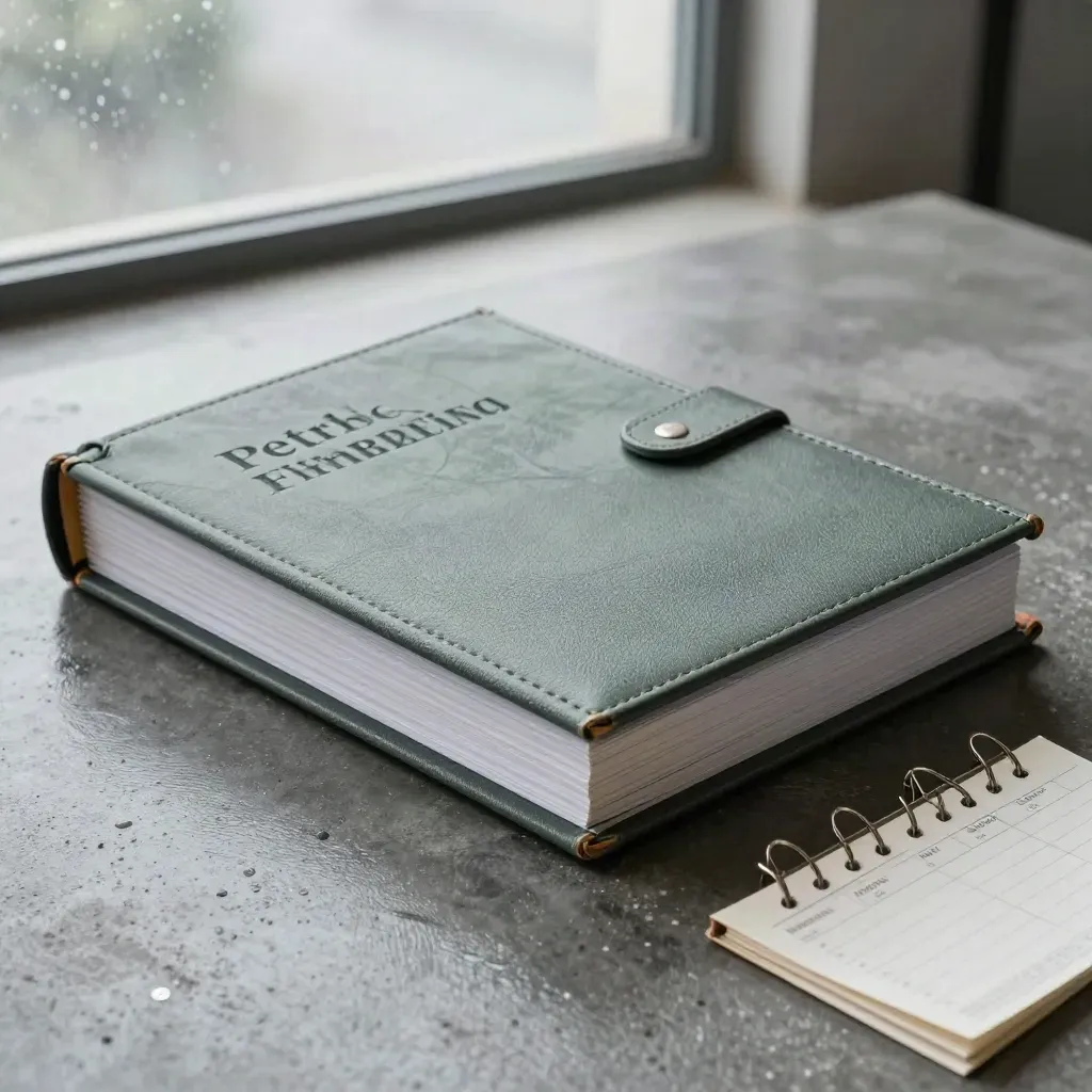 Dossiers graphite, classeur ouvert, pochettes budget et cartes de route dans une lumière matinale cinématographique.
