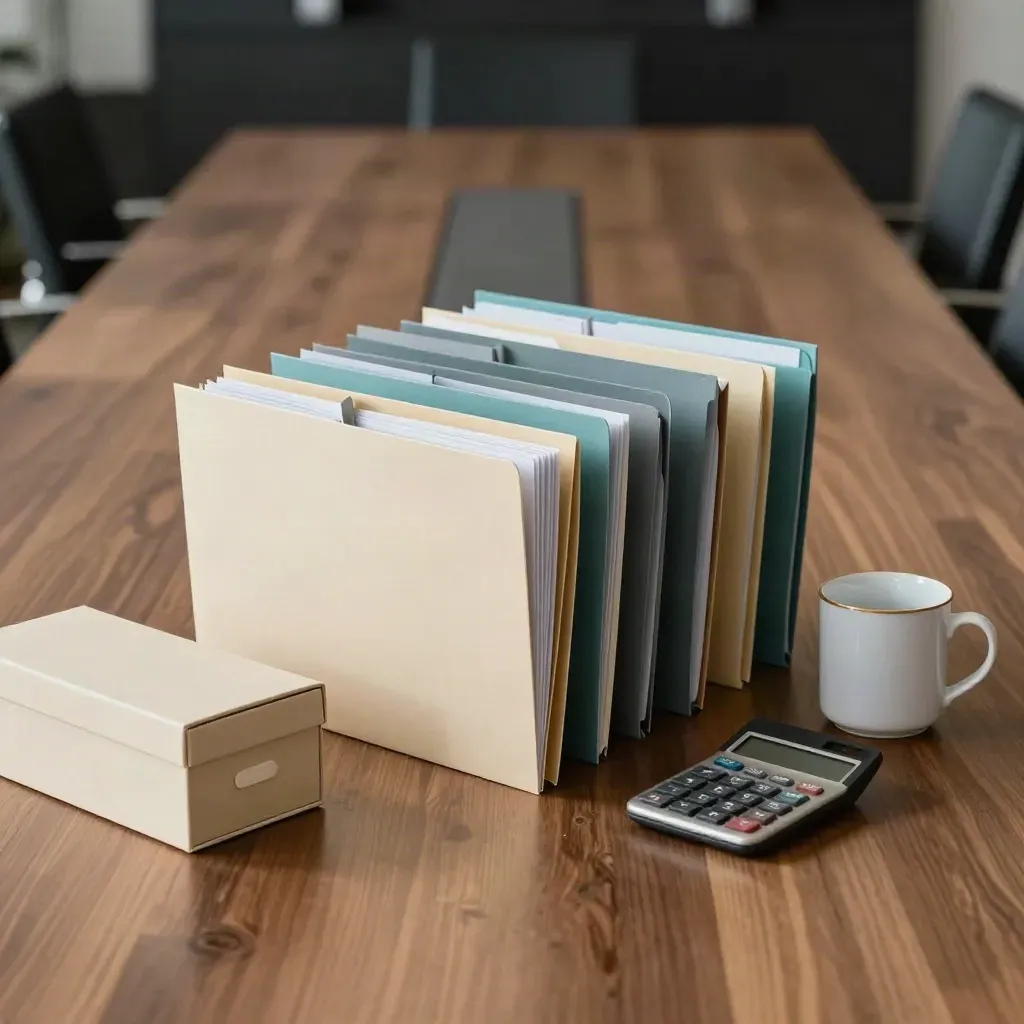 Pochettes budget en dégradé, calculatrice grise et boîte d’archives sur une table sombre.