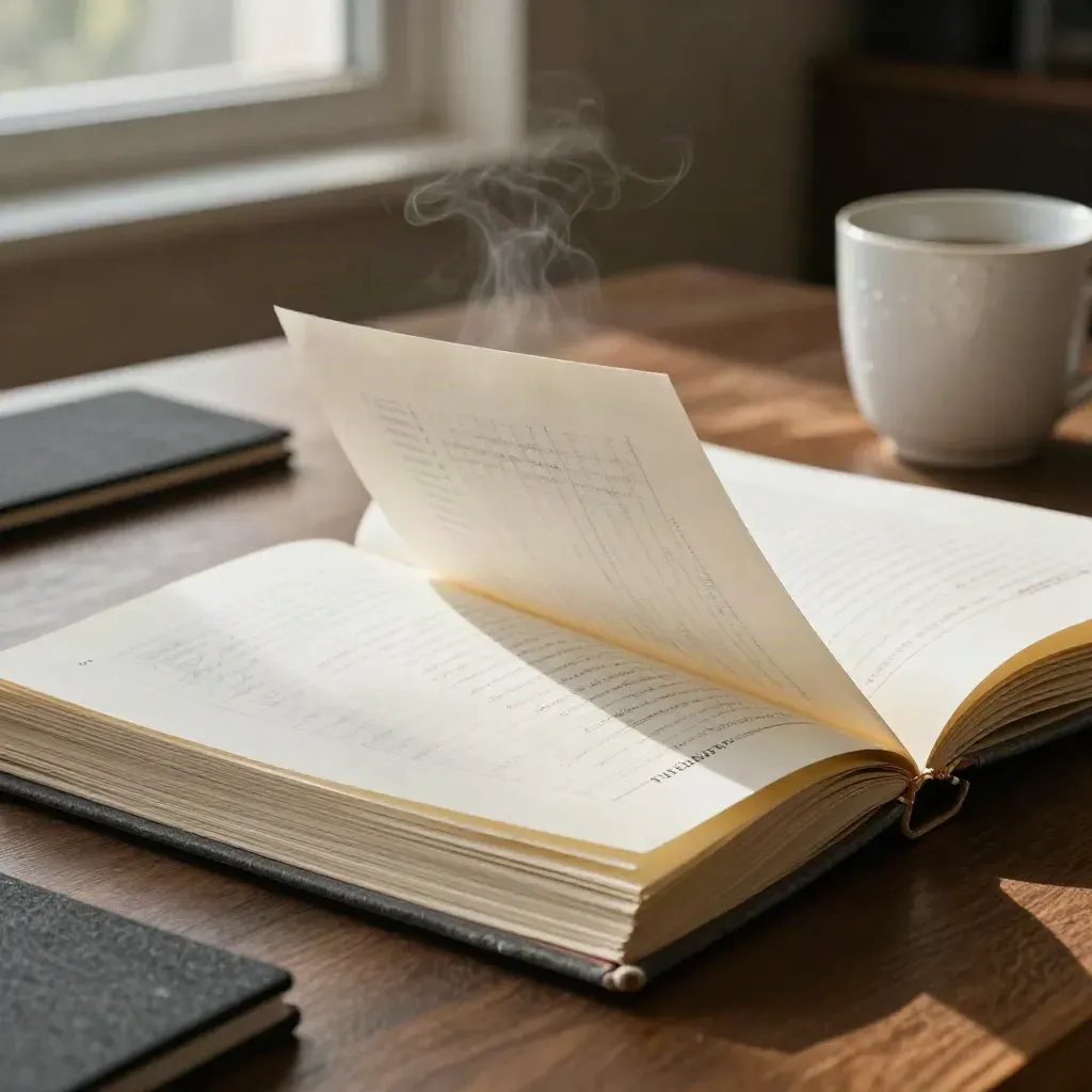 Gros plan d’un classeur d’audit entrouvert, papier froissé, sous-main en feutre et tasse froide.