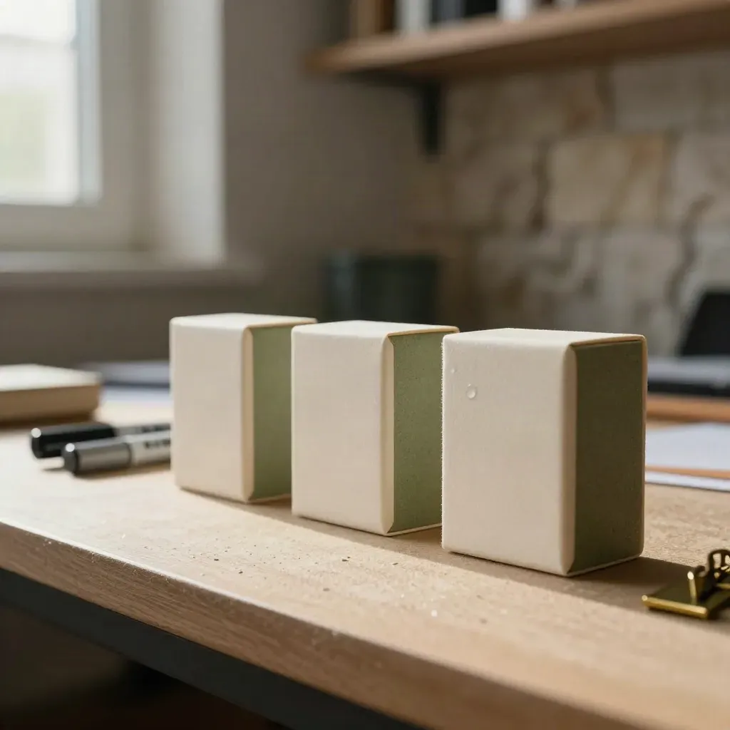 Trois blocs d’étapes, feutres capuchonnés et clip en laiton sur surface mate, lumière du matin.