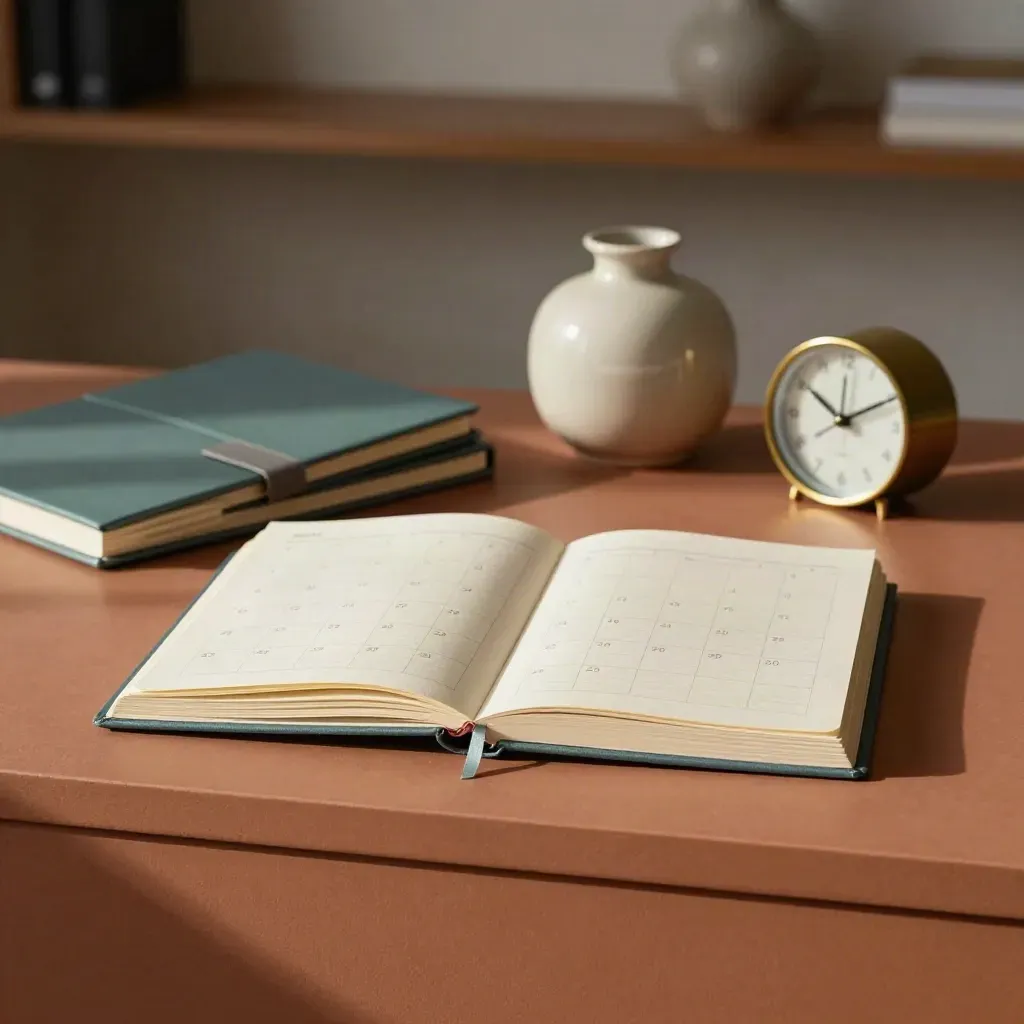 Carnet mensuel fermé, pochettes de suivi, vase en céramique et petite horloge sur une console terracotta.