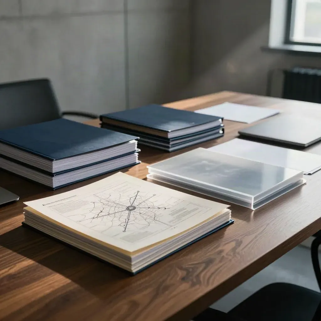 Dossiers fermés, ordinateur portable et pochettes de projet sur une table, vue rasante.