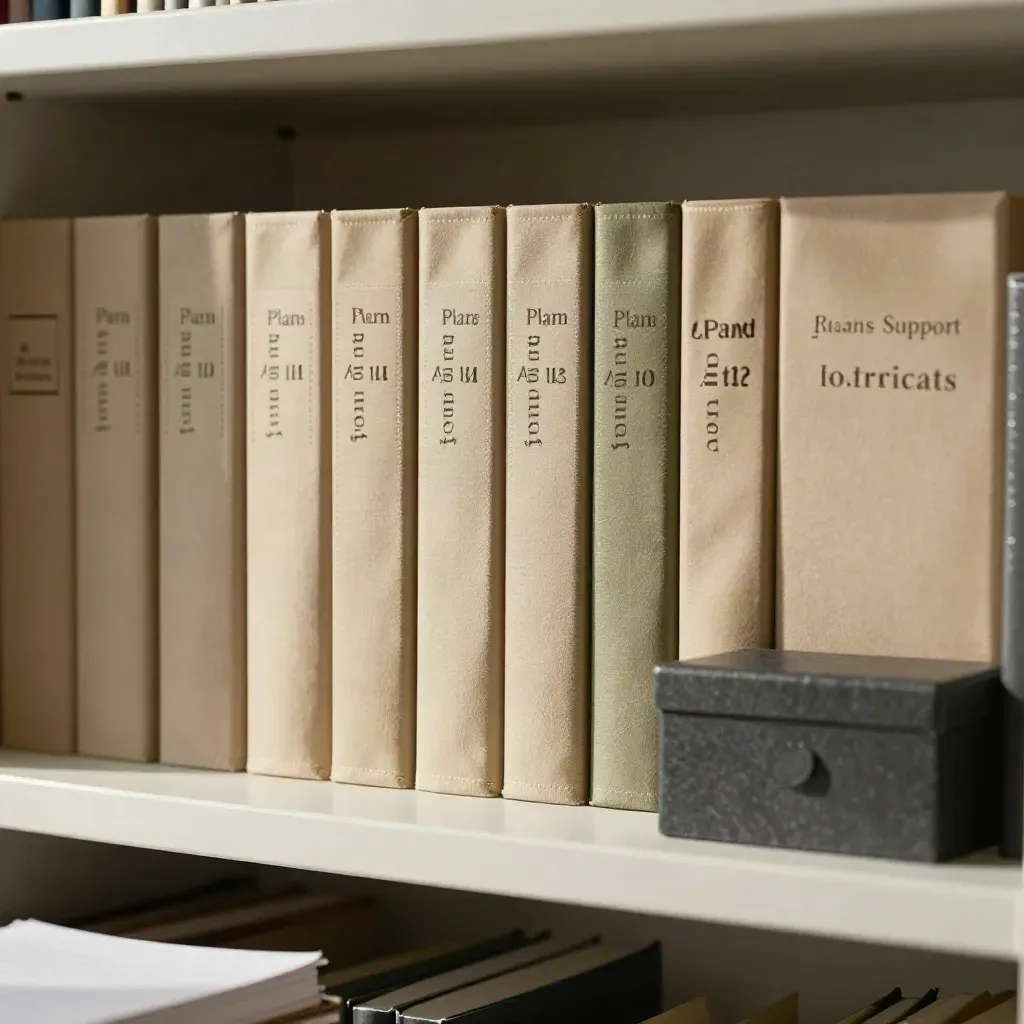 Étagère d’archives avec douze classeurs fins, un carnet fermé et une petite boîte de rangement.