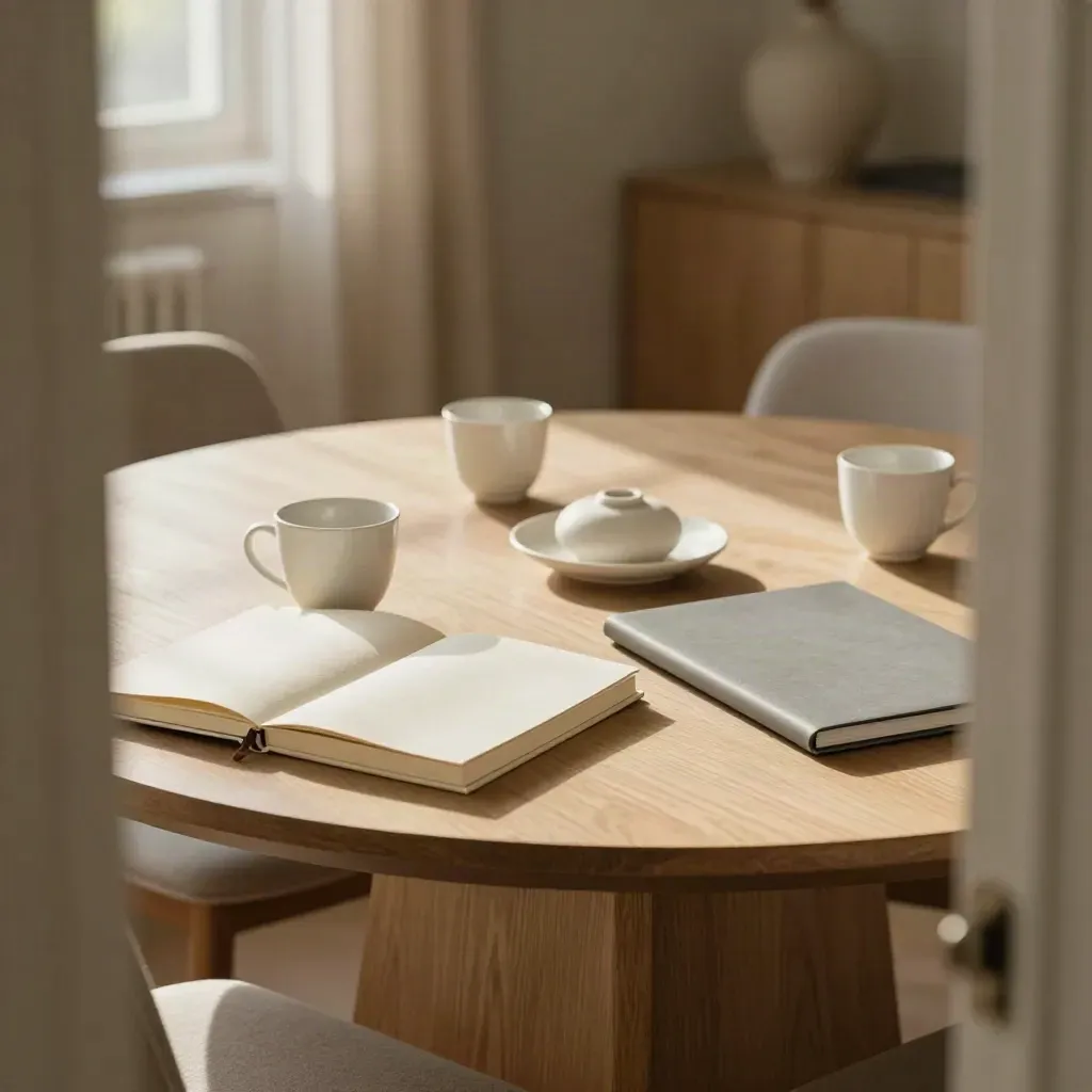 Table de réunion ronde avec tasses vides, carnets fermés et dossier, après la réunion.