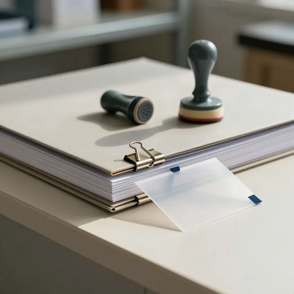 Paquet de reporting mensuel maintenu par des clips, tampon et pochettes sur un ledge clair.