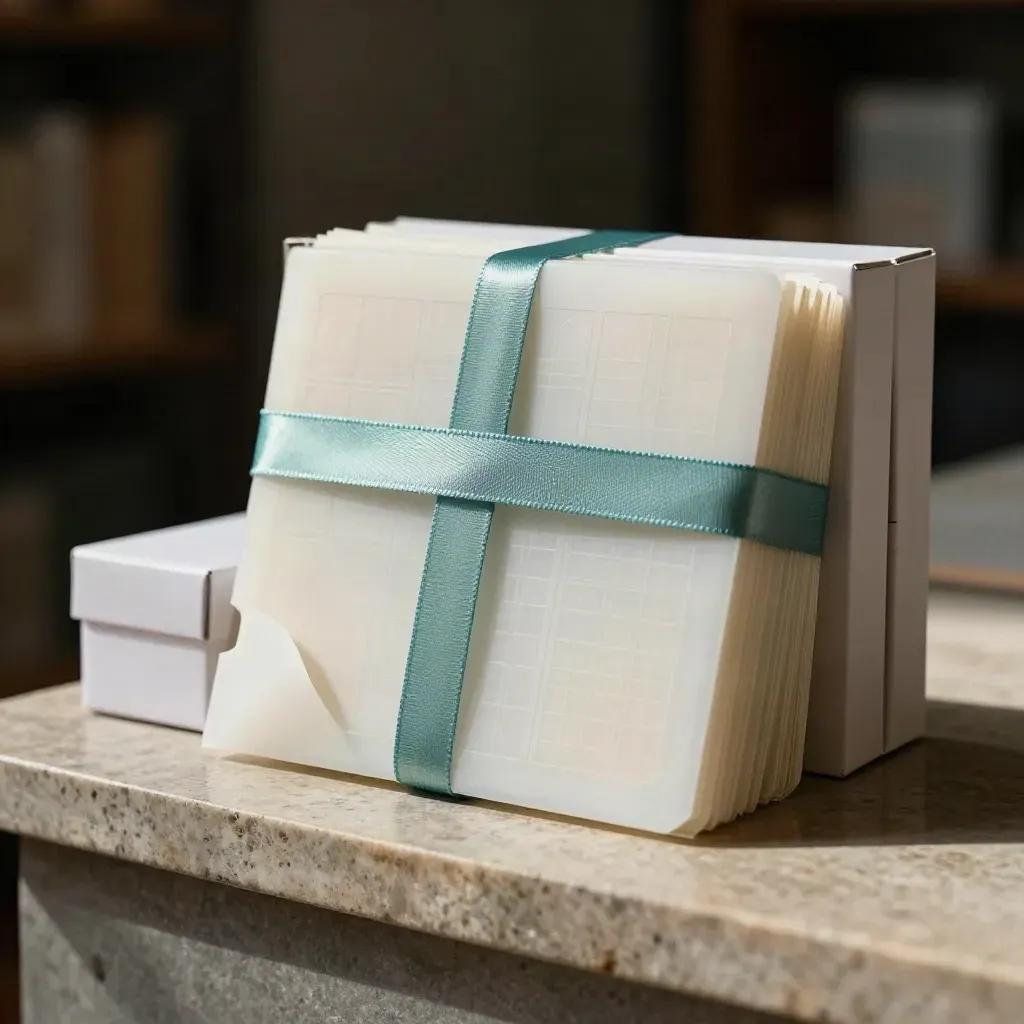 Pochettes de process modulaires, cartes et boîte blanche sur un socle en pierre sombre.