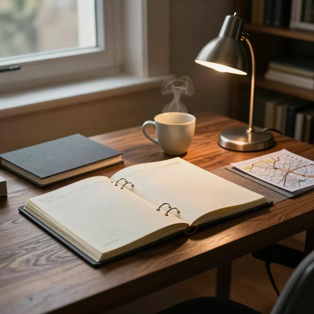 Coin de bureau de fondateur avec classeur ouvert, tasse claire, carnet fermé et lampe douce au soir.