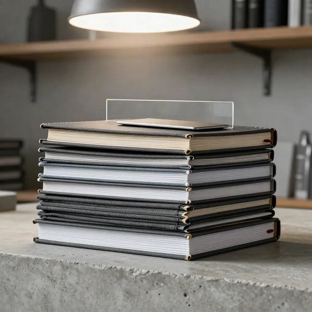 Pochettes de reporting empilées, carnet fermé et halo de lampe dans une archive calme.