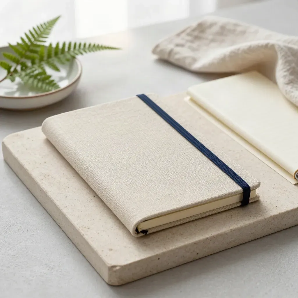 Carnet budgétaire en toile sur plateau de pierre, fougère, linge froissé et coupelle céramique.