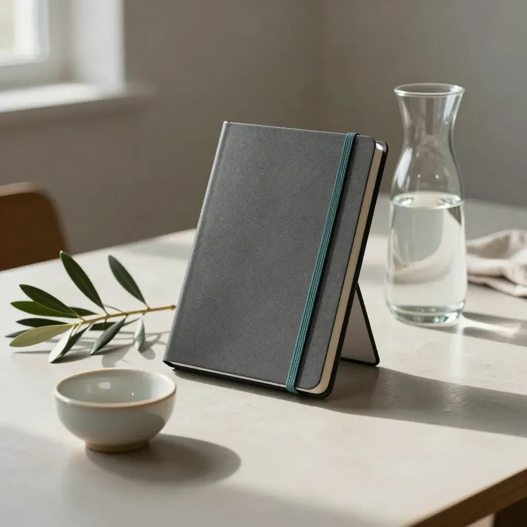 Carnet de réunion, carafe d’eau, branche d’olivier et bol sur bureau en bois clair.