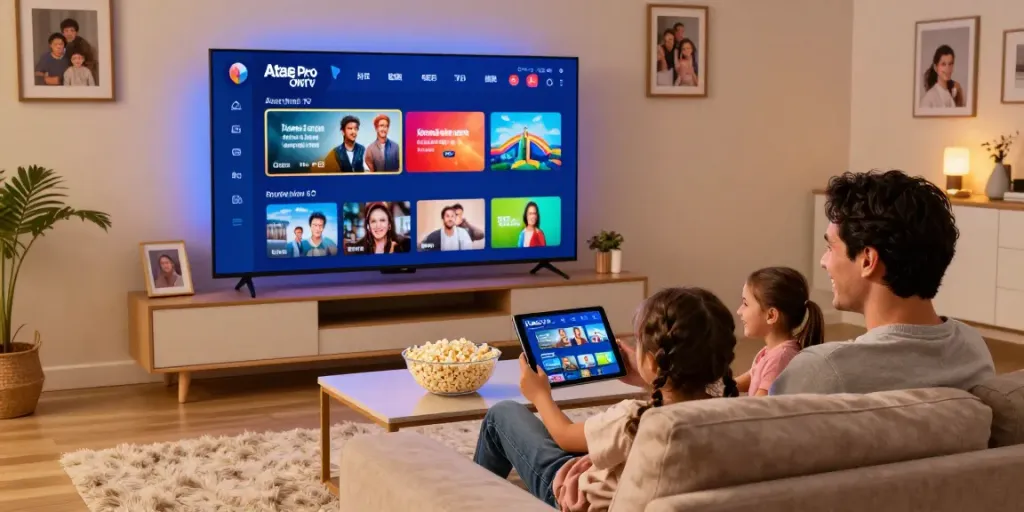 Famille utilisant l'application Atlas Pro pour une soirée cinéma à domicile, ambiance chaleureuse.