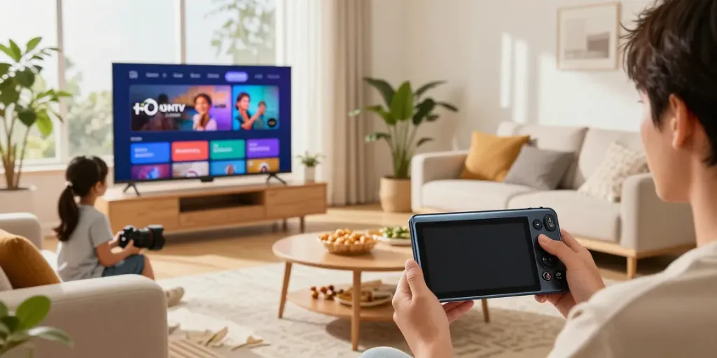 Famille profitant de l'application atlas pro ontv sur leur Smart TV dans un salon moderne.